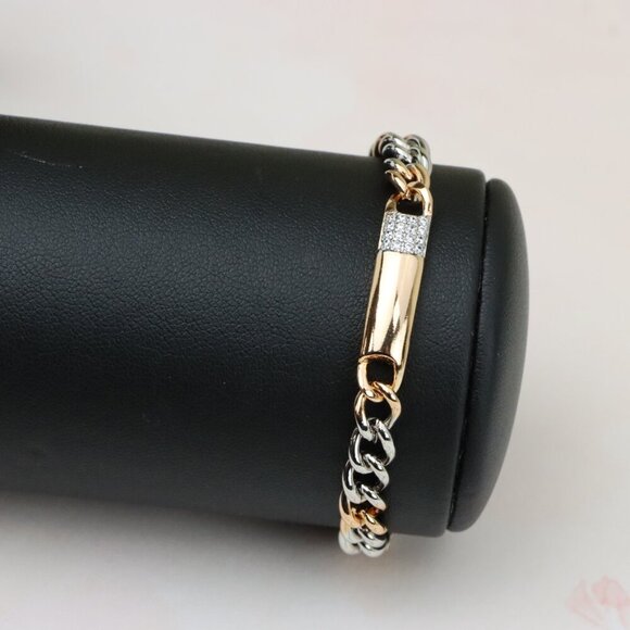 "Rose Gold & Silver Chain Bracelet with Crystal Accent Bar, XPBL0836 - Picture 11 of 12
